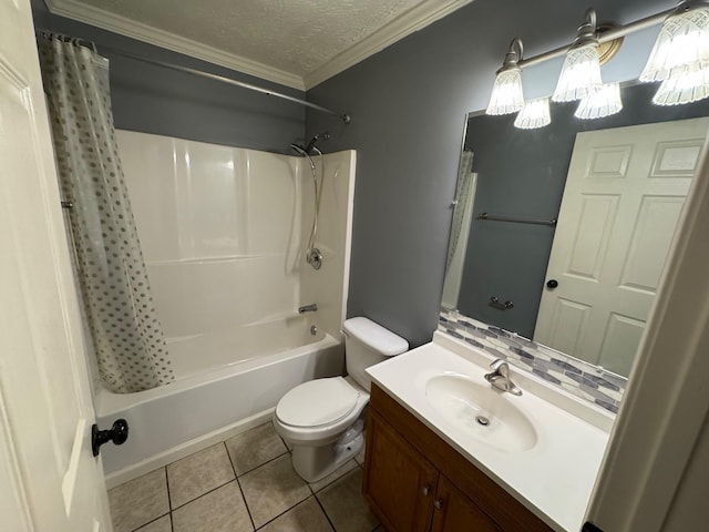 full bath with toilet, vanity, ornamental molding, tile patterned floors, and a textured ceiling