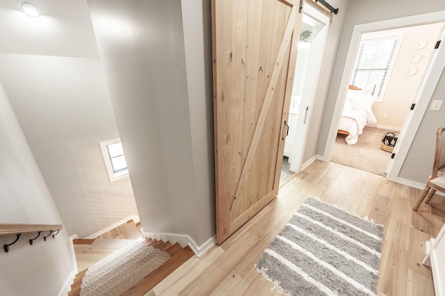 stairs with a skylight, wood-type flooring, and a barn door