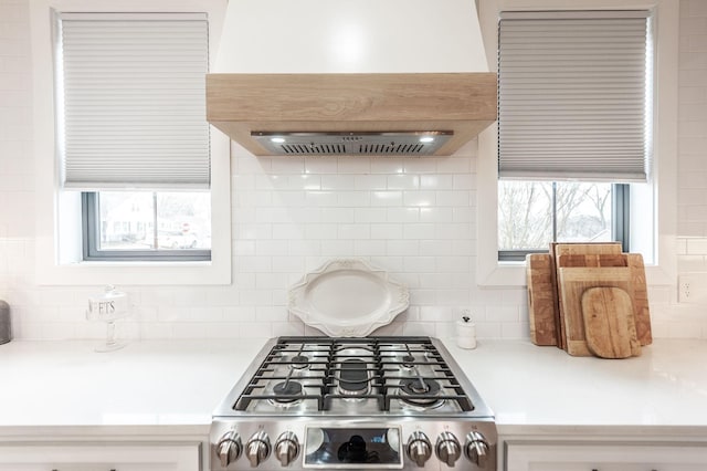 kitchen with stove, tasteful backsplash, and premium range hood