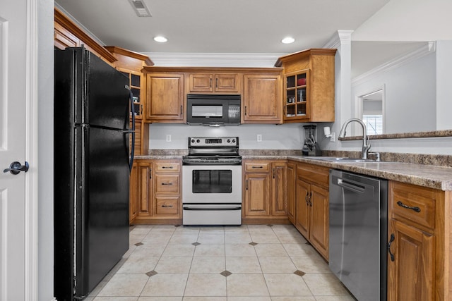 kitchen featuring sink, light tile patterned floors, ornamental molding, and black appliances