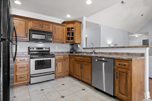 kitchen featuring sink, light tile patterned floors, kitchen peninsula, and black appliances