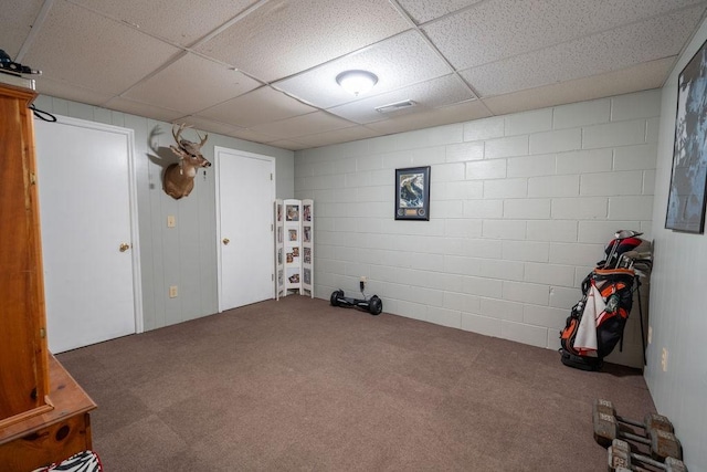 basement with a drop ceiling and carpet