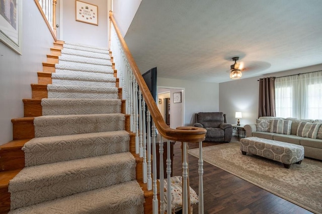 stairway featuring hardwood / wood-style floors and ceiling fan