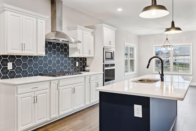 kitchen featuring ventilation hood, white cabinetry, appliances with stainless steel finishes, and sink