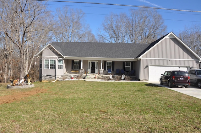 single story home featuring an attached garage, covered porch, a shingled roof, driveway, and a front yard