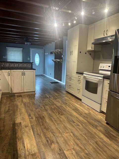 275 Patricia Cir, Indian Mound, TN 37079 - kitchen with white cabinetry, white electric stove, dark hardwood / wood-style flooring, and stainless steel refrigerator
