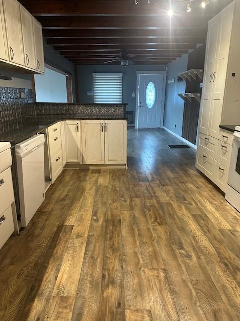 275 Patricia Cir, Indian Mound, TN 37079 - kitchen with white dishwasher, ceiling fan, dark hardwood / wood-style flooring, and white cabinets