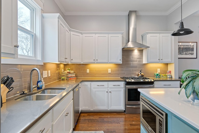 kitchen featuring stainless steel appliances, white cabinetry, sink, and wall chimney exhaust hood