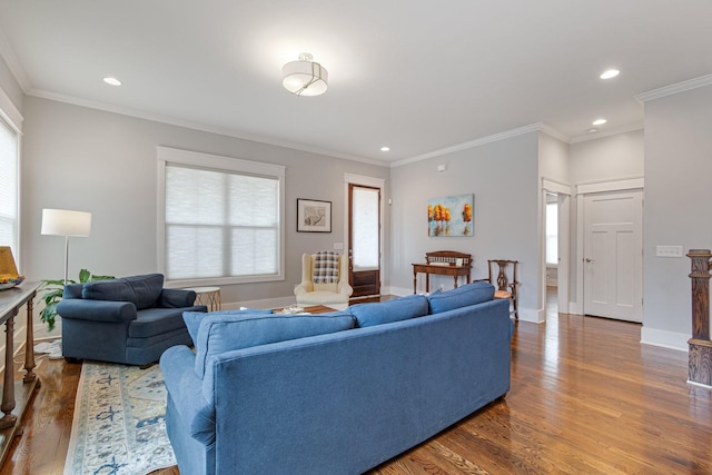 living room with wood-type flooring and crown molding