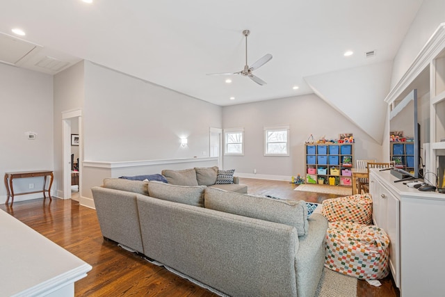 living room with dark hardwood / wood-style floors and ceiling fan