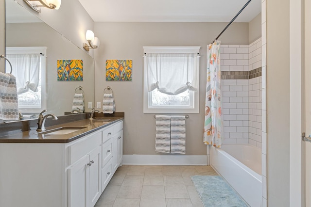 bathroom with vanity, tile patterned flooring, and shower / bath combo