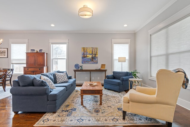 living room with crown molding and dark wood-type flooring