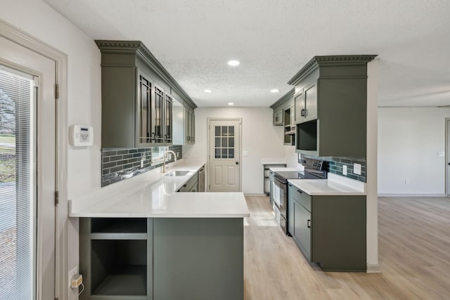 kitchen featuring stainless steel range with electric stovetop, kitchen peninsula, sink, and light hardwood / wood-style flooring