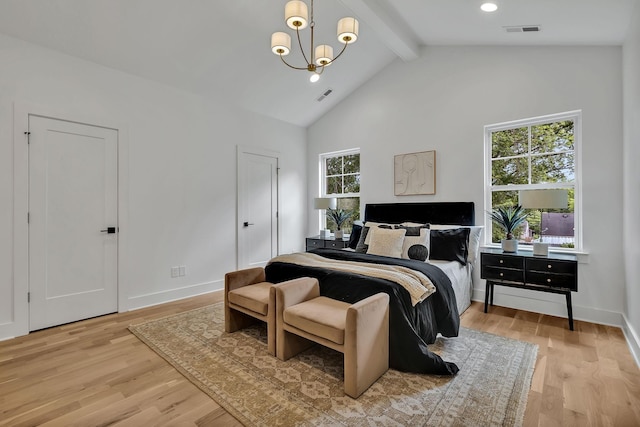 bedroom with high vaulted ceiling, a chandelier, beam ceiling, and light hardwood / wood-style floors