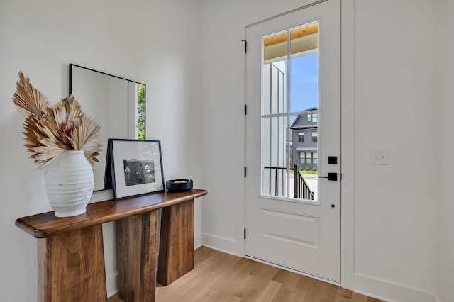 doorway to outside with a wealth of natural light and light wood-type flooring