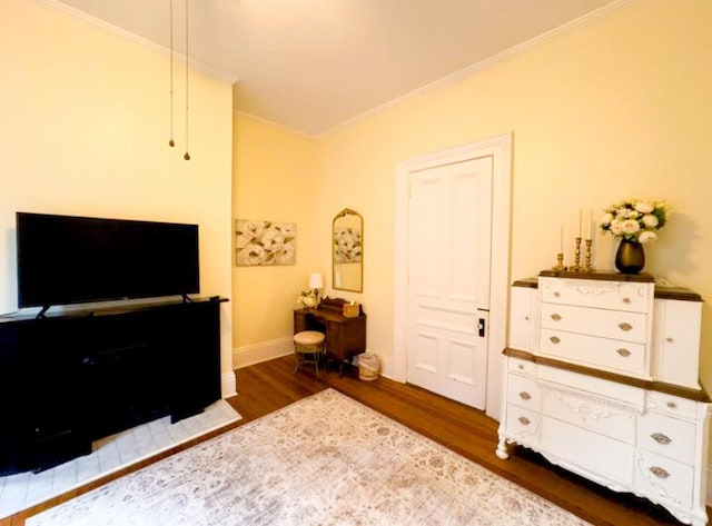 bedroom featuring dark wood-type flooring and ornamental molding