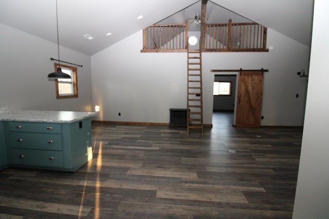 bonus room with ceiling fan, dark hardwood / wood-style floors, and high vaulted ceiling