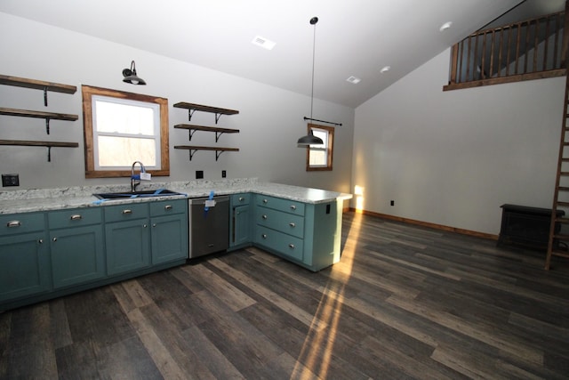 kitchen featuring decorative light fixtures, dishwasher, sink, kitchen peninsula, and dark wood-type flooring