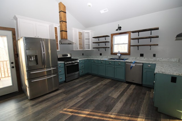 kitchen featuring dark hardwood / wood-style flooring, sink, vaulted ceiling, and appliances with stainless steel finishes