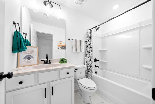 full bathroom featuring vanity, toilet, and shower / bathtub combination with curtain