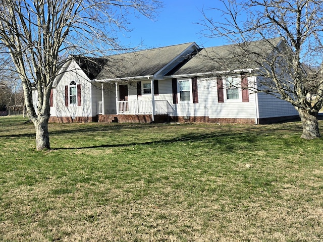 ranch-style house with a front yard and crawl space