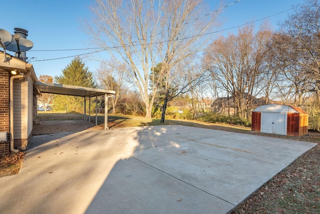 view of patio / terrace with a shed