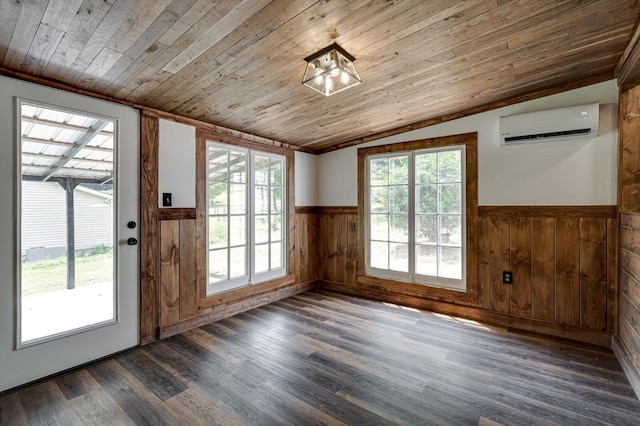 interior space with a wainscoted wall, vaulted ceiling, a wall mounted air conditioner, and wood ceiling