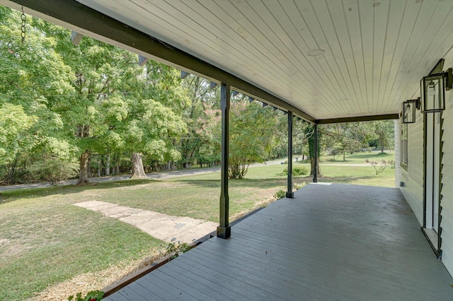 wooden terrace featuring a yard