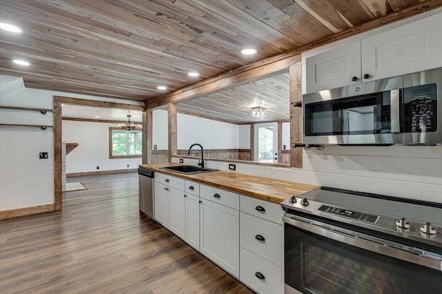 kitchen featuring wood ceiling, stainless steel appliances, white cabinetry, wooden counters, and a sink