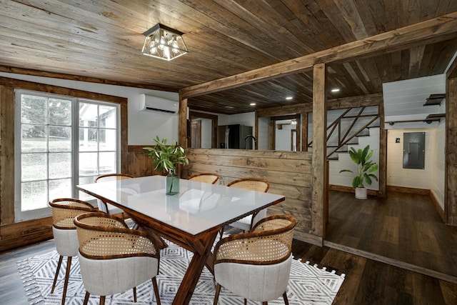 dining space featuring a wall mounted AC, dark wood finished floors, wood ceiling, and electric panel