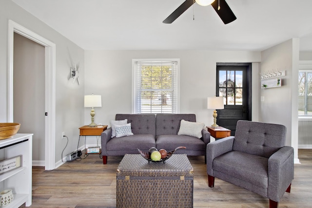 living room with ceiling fan and light hardwood / wood-style floors