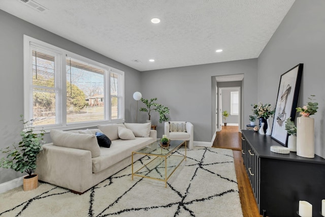 living room featuring wood-type flooring and a textured ceiling