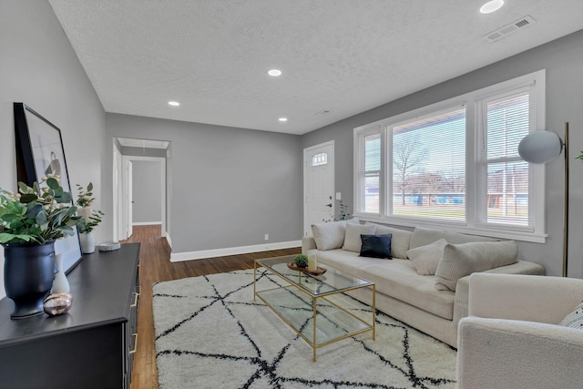 living room featuring dark hardwood / wood-style flooring and a textured ceiling