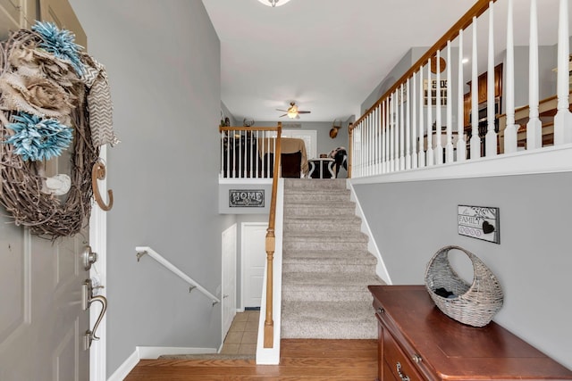 staircase featuring hardwood / wood-style floors and ceiling fan