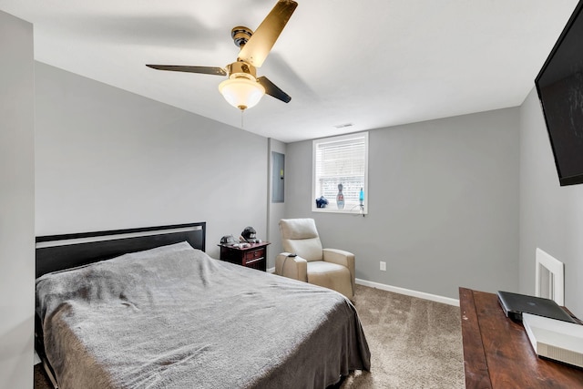 bedroom with electric panel, dark carpet, and ceiling fan