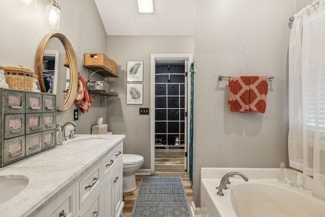 bathroom with toilet, wood-type flooring, a tub to relax in, and vanity