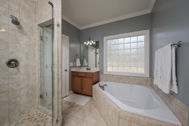 bathroom with vanity, crown molding, tile patterned floors, and independent shower and bath