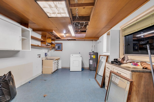 basement featuring washer / clothes dryer, sink, and water heater