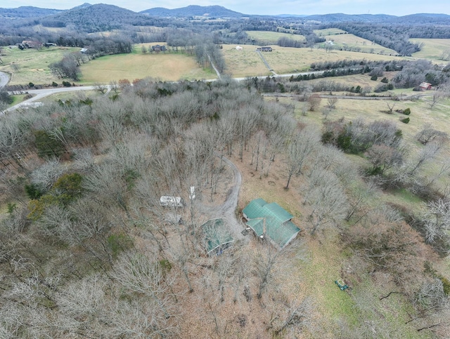 birds eye view of property featuring a mountain view and a rural view