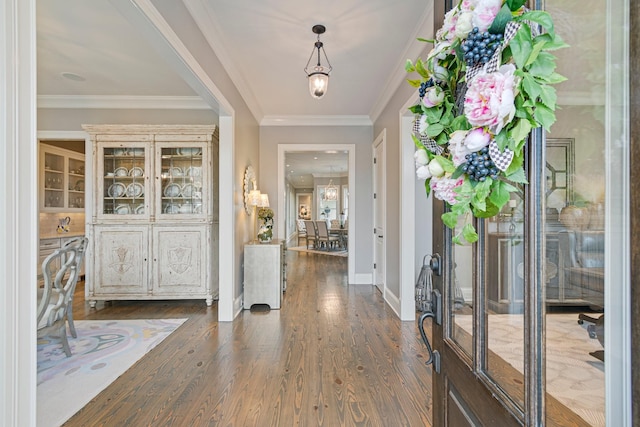 foyer entrance featuring ornamental molding and dark hardwood / wood-style flooring