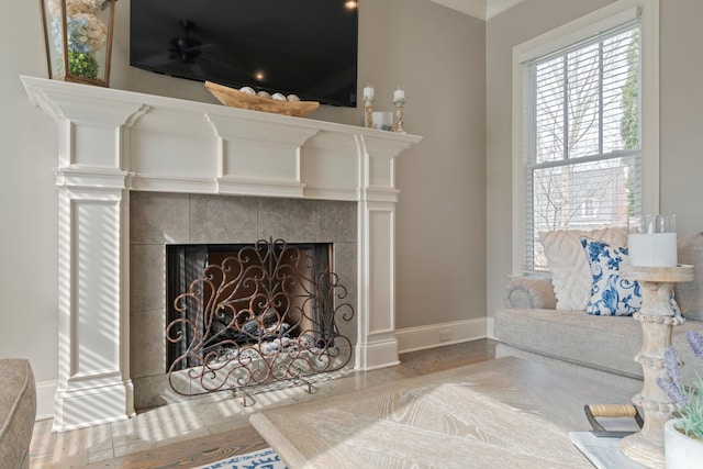 living room featuring a tile fireplace and hardwood / wood-style floors