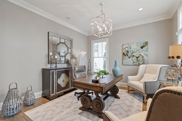 office space with ornamental molding, a chandelier, and light hardwood / wood-style flooring