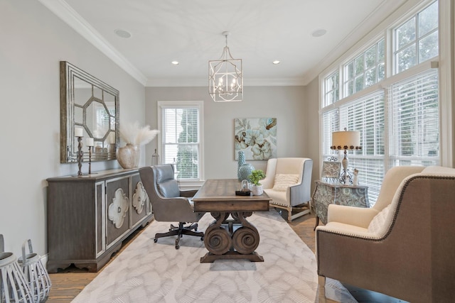 office featuring a notable chandelier, crown molding, and light hardwood / wood-style floors