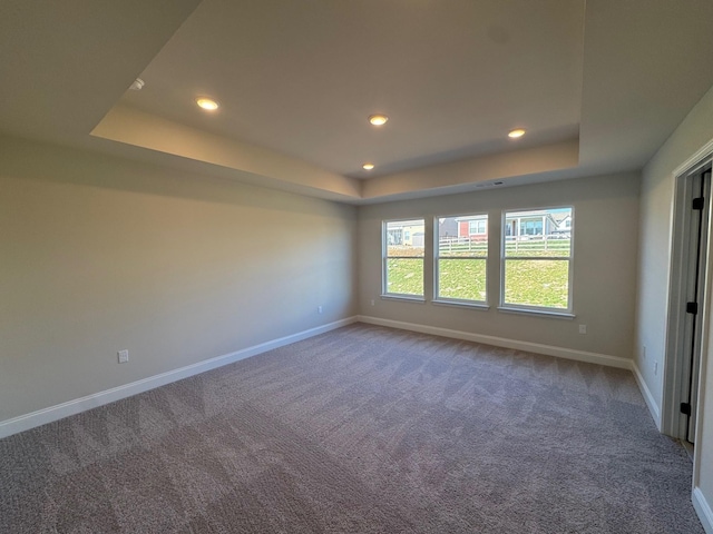 empty room featuring a raised ceiling and carpet flooring