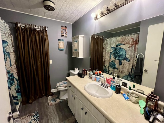 bathroom with vanity, toilet, and wood-type flooring