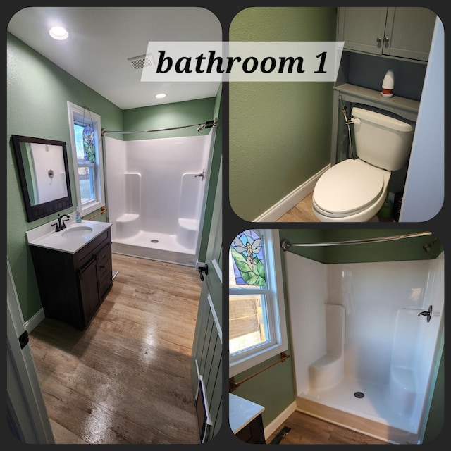 bathroom featuring hardwood / wood-style flooring, a healthy amount of sunlight, and walk in shower