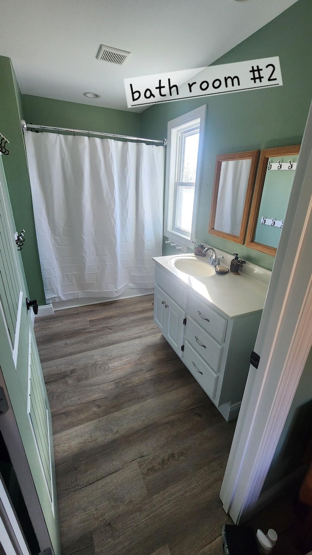 bathroom with vanity and wood-type flooring