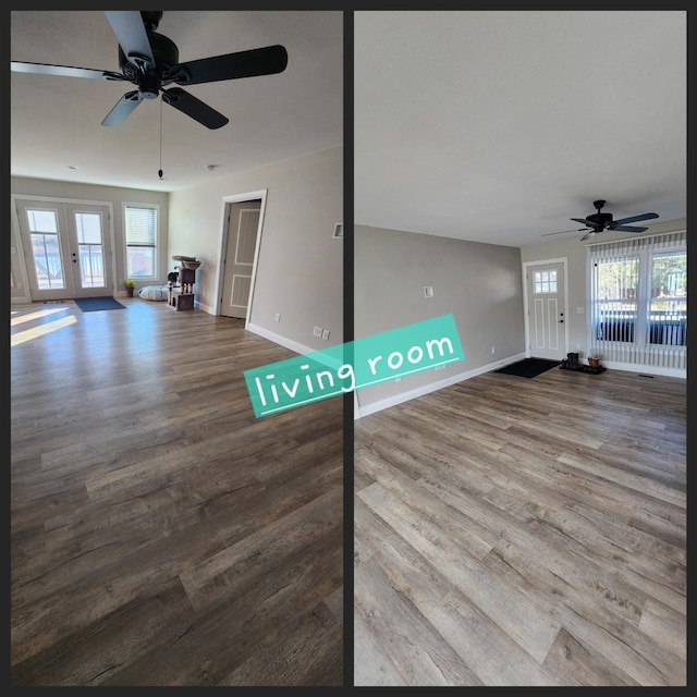 interior space with hardwood / wood-style flooring, ceiling fan, and french doors