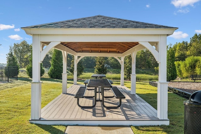 view of home's community featuring a gazebo, a yard, and a wooden deck