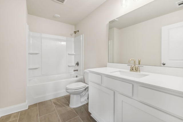 full bathroom featuring toilet, visible vents, tub / shower combination, and vanity